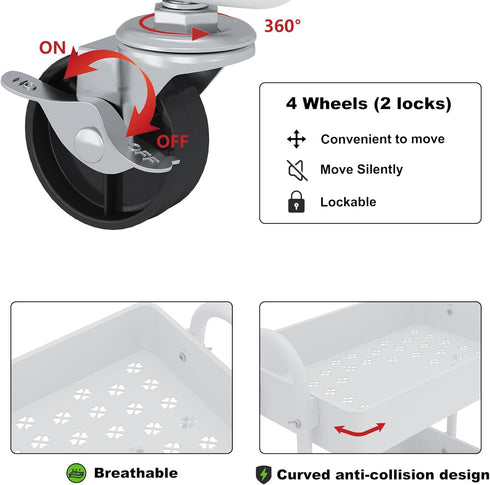 Boeeoan 3-Tier Utility Cart with Wheels, Rolling Cart, Storage Shelves, Multi-Functional Organizer Cart for Bathroom
