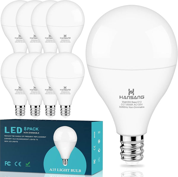 hansang 8 Pack Ceiling Fan Light Bulbs E12 Base, 60Watt Equivalent, 6000K