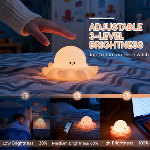 AINEEU 3-Level Dimmable Octopus Night Light, Rechargeable and Brightness, Soft Silicone Nursery Night Light with Timer