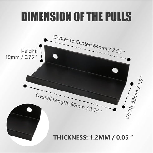 2PCS Back Mount Finger Edge Pull 80mm/3.15" Aluminum Hidden Handle Concealed Tab Pulls for Home Kitchen Living Room
