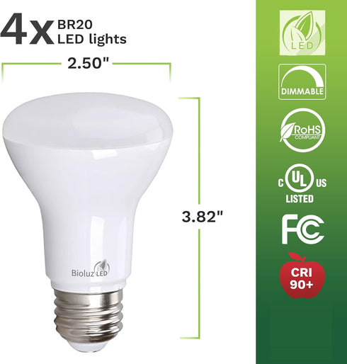 Bioluz LED 4 Pack BR20 LED Bulb 5000K Daylight 6W = 50 Watt Replacement 90 CRI 540 Lumen Indoor/Outdoor UL Listed CEC Title 20 Compliant (Pack of 4) by Bioluz LED