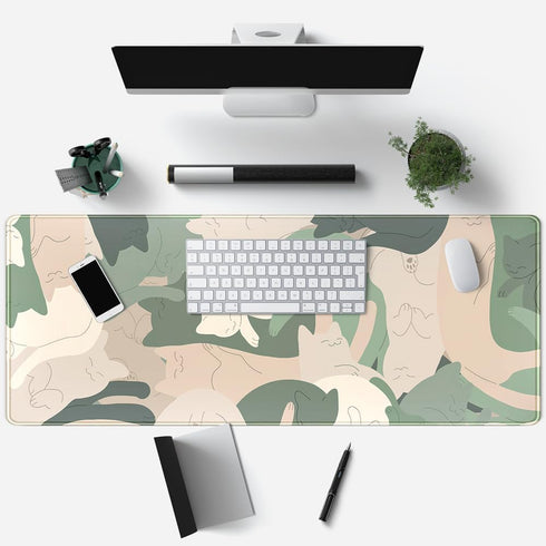 Green Simple Cat Desk Mat, Cute Long Mouse Pad for Laptop Gaming, Office Decor Accessories (31.5x11.8In)