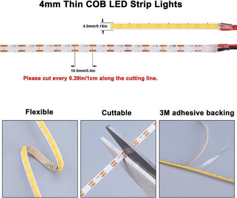 4mm 3000K 16.4ft, 12V 400LEDs/M 7W/M, CRI>90 3M TOPAI Ultra Thin COB LED Strip Warm White DC Dotless High Density