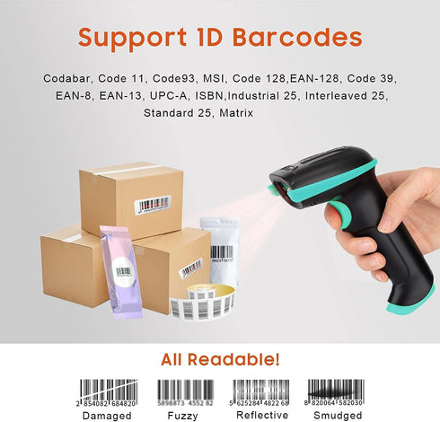 Tera 2-in-1 (2.4Ghz 2.0 328 1D Barcode Scanner Wireless Versatile Wireless+USB Wired) with Battery Level Indicator Feet