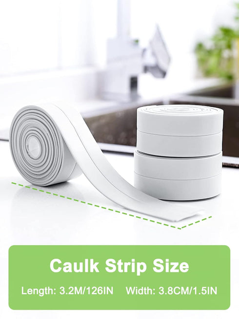PVC Self Adhesive Caulk Tape, 1-1/2" x 11', for Bathrooms, Kitchen Countertops, and Toilets
