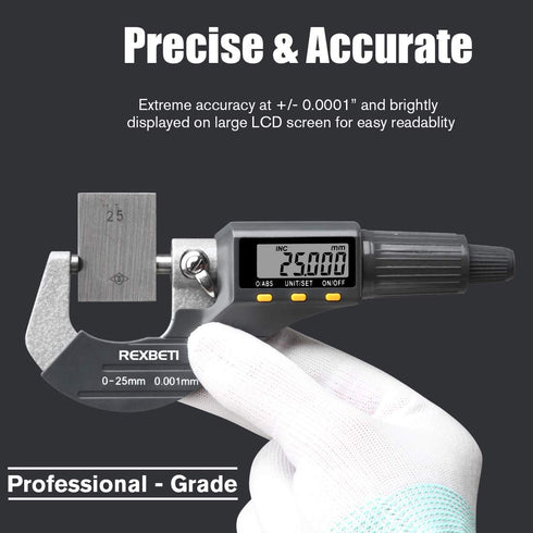 REXBETI Digital Micrometer, Professional Thickness Gauge 0.00005"/0.001 mm, Protective Case with Extra Battery