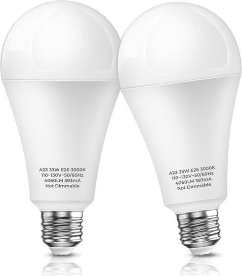 300 Watt Equivalent Light Bulb, 33W Super Bright Garage Light Bulb, A23 LED E26 Warm White - 2-Pack