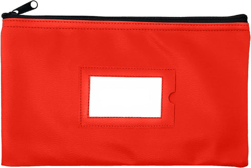 Money Bank Deposit Bag with Zipper, 11x6 inch, Red, Durable Leatherette Wallet Pouch with Framed ID Window
