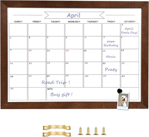 TORASO Dry Erase Monthly Calendar Board, Magnetic Whiteboard for Wall, Solid Wood Walnut Brown Frame, 10.5"x 14.5"