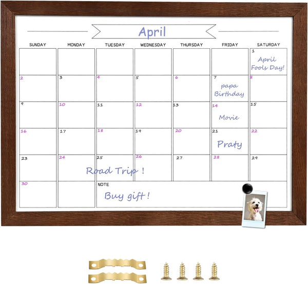 TORASO Dry Erase Monthly Calendar Board, Magnetic Whiteboard for Wall, Solid Wood Walnut Brown Frame, 10.5"x 14.5"