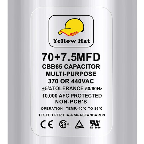 Multi-Purpose Round Capacitor for Air Conditioner 70+7.5 uf MFD 370 or 440 Volt VAC, Fan Motor Start or AC Motor Run