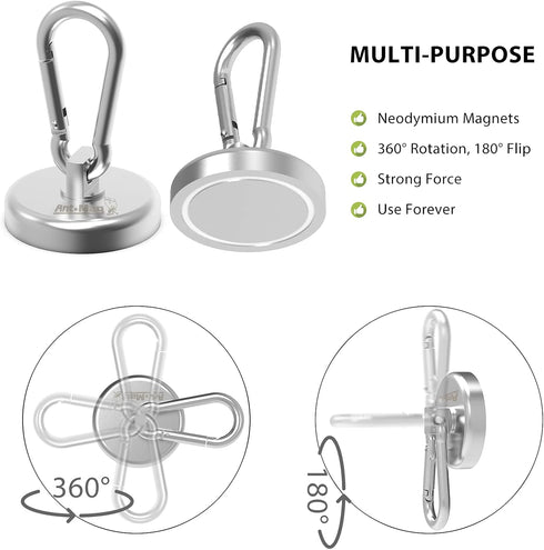Ant Mag Magnetic Hooks, 160lbs Heavy Duty Neodymium Magnet Carabiner with Swivel Snap Hook for Indoor/Outdoor Hanging
