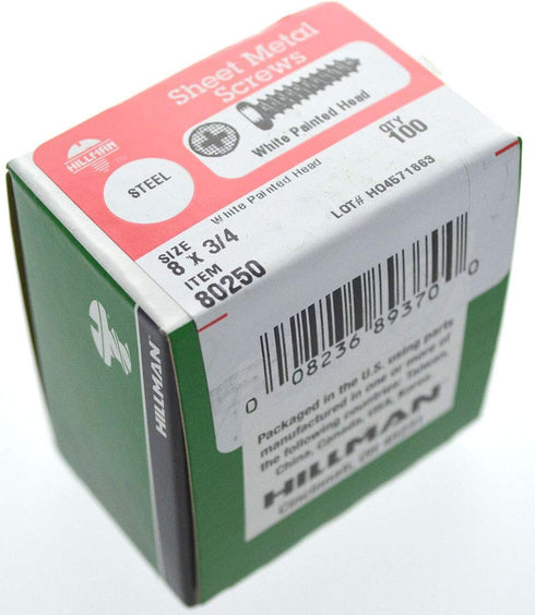 Hillman 80250 8 x 3/4-Inch White Pan Head Phillips Sheet Metal Screw, 100-Pack