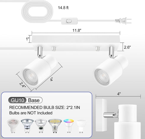 2-Light 2 Kitchen/Bedroom,Bulb Plug in Track Lighting Fixtures Ceiling, White Track Light LED, Track Lights with Cord