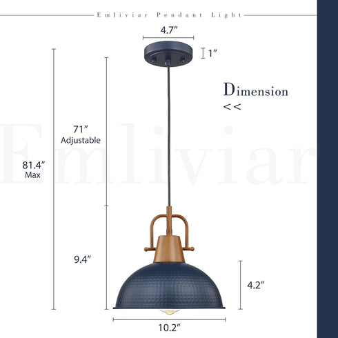 Emliviar Hammered GE269MIL Dome Pendant Light, Wood Adjustable Hanging Lamp with Metal Shade, Blue Finish, BL+WD