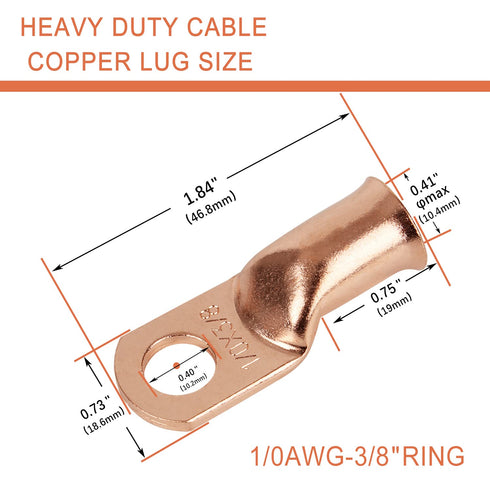 10pcs 1/0 AWG-3/8” Ring Terminals, 0 Gauge Copper Wire Lugs Heavy Duty Battery Cable Terminal Connectors