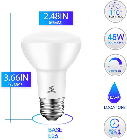 Energetic BR20 LED Bulb R20 Dimmable 5000K Daylight 45W Equivalent to 6.5W, Recessed Can Light Bulbs, Kitchen Ceiling Lights, E26 500 Lumen LED Flood light bulbs, Indoor UL Listed (Pack of 4) by E ENERGETIC LIGHTING