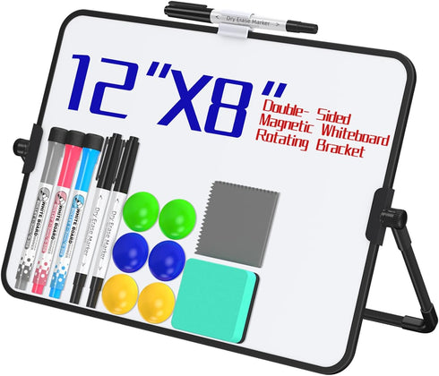 Dry Erase White Board, 8" x 12" Magnetic Desktop with Stand, Includes 6 Markers, 6 Magnets, and 1 Eraser for Home,