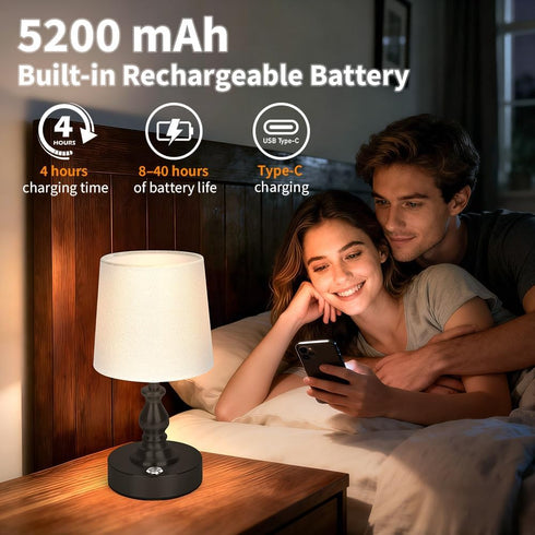 AUAUY 5200mAh 3 Dimmable, Table Lamp for Bedroom, Battery Powered Touch Bedside Lamps, Rechargeable Desk Lamp Cordless