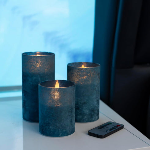 ANGELLOONG Blue Flameless Candles with Remote, Flickering Led Candles with Timer, Electric Pillar Candles for Bathroom