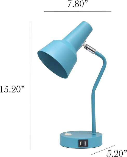LD1072-CYN 15.2" Simple Designs Sleek Essentials Metal Cone Shade Desk Lamp with Adjustable Shade and Dual USB Ports