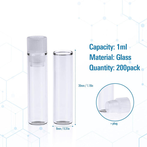 ALWSCI 1ml Shell Vial, Flat Base Clear Glass, 8 * 30 mm, 200 pcs/pk with 8 mm PE Plug, Transparent