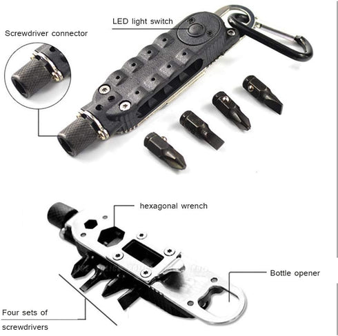 FCHMY Lseqow Multifunctional Keychain Mini Screwdriver EDC Outdoor Camping Portable Pocket Tools with LED Flashlight