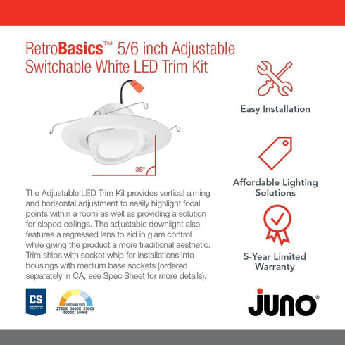 5"/6" Inch 5"/6" 5-in-1 700 Juno Adjustable LED Recessed Lighting, RetroBasics Series Adjustable Gimbal LED Downlight
