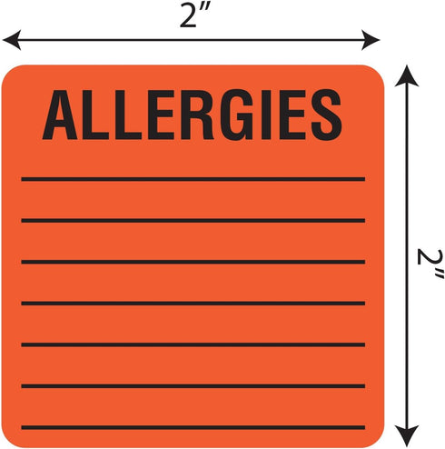 Tabbies Allergy Warning Labels, 2 X 2, Allergies, Fluorescent Red, 500/roll