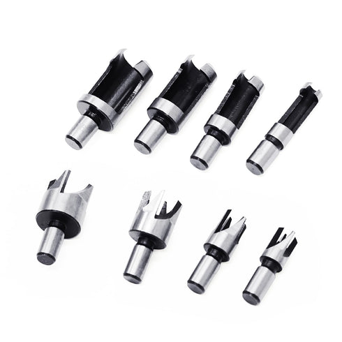 8Pcs Wood Plug Cutter Drill Bit Set Carbon Steel Titanium Coated Woodworking Chamfer Drill Bits Straight and Tapered Taper 5/8" 1/2" 3/8" 1/4" Cutting Tool