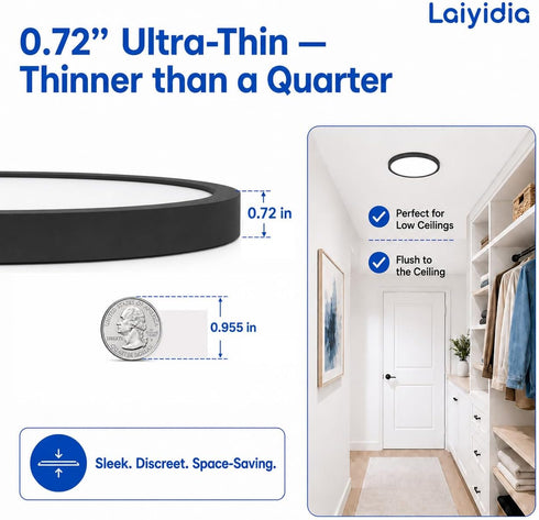 12 inch, 24W 2640LM Dimmable 5 2700K-6500K Ultra Thin LED Ceiling Light Flush Mount Ceiling Light, Color Temperatures