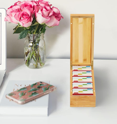 Business Card Holder - Bamboo Organizer with 5 Compartments for 600 Cards, Wood Desk Organizer, 4.5’’W x 10.4’’D
