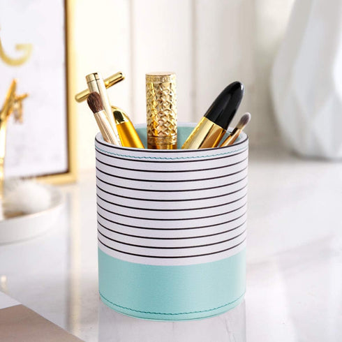 WAVEYU Pen Holder, Cute Multi-Purpose Desk Organizer, Luxury Leather Makeup Brush Holder, Mint Green Stripes