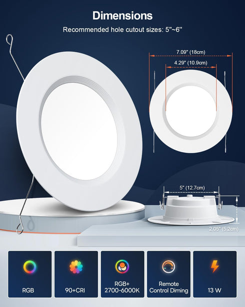 6 Inch, 13W 1300LM, Dimmable 1 Pack Recessed Lighting RGBCW Color Changing LED Can Lights, Flicker Free, Retrofit