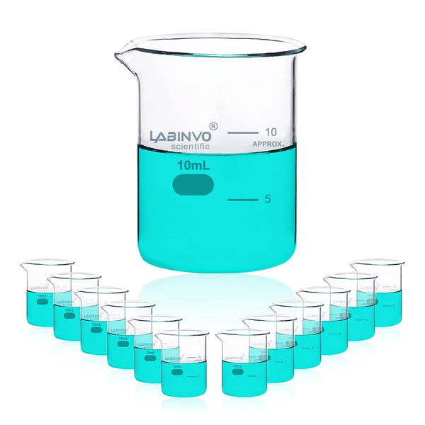 Low Form Graduated Glass Beaker, 12pcs of 10ml Volume, 3.3 Borosilicate Glass Beaker Set