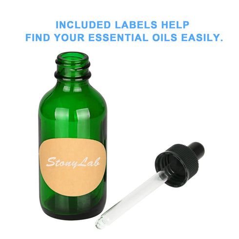 stonylab 4-Pack Glass Dropper Bottles with Inner Plug and Label for Essential Oils (60 ml, Green)