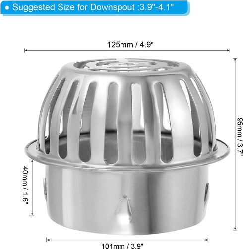 PATIKIL Dome Gutter Guard Filter, 304 Stainless Steel Downspout Strainer, Anti-Blocking Outdoor Gutter Cleaning Tool for Stops Leaves Debris, Fits 3.9-4.1 Inch