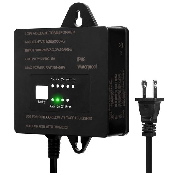 60W Low Voltage Transformer with Timer and Photocell Sensor, 120V AC to