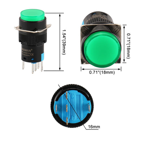 Baomain 5/8" 16mm Push Button Switch Momentary Round Cap LED Lamp, 5 Pack, Red Yellow Orange Blue Green Light DC 24V