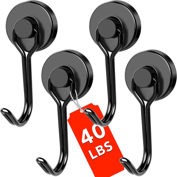 DIYMAG Black Magnetic Hooks, 40LBS Heavy Duty Hooks for Hanging in Home Kitchen Office, 4 Pack