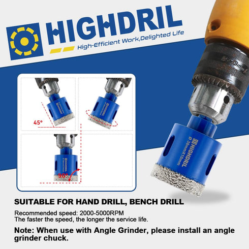 HIGHDRIL Dry Diamond Tile Drill Bit, 1-9/50" (30mm) Diameter, Hex Shank for Porcelain Ceramic Granite Marble