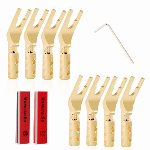 Monosaudio Speaker Spade Plug Connectors, 8pcs Pure Copper 45 Degree Screw Locking Y Spade Plug with Heat Shrink Tubes