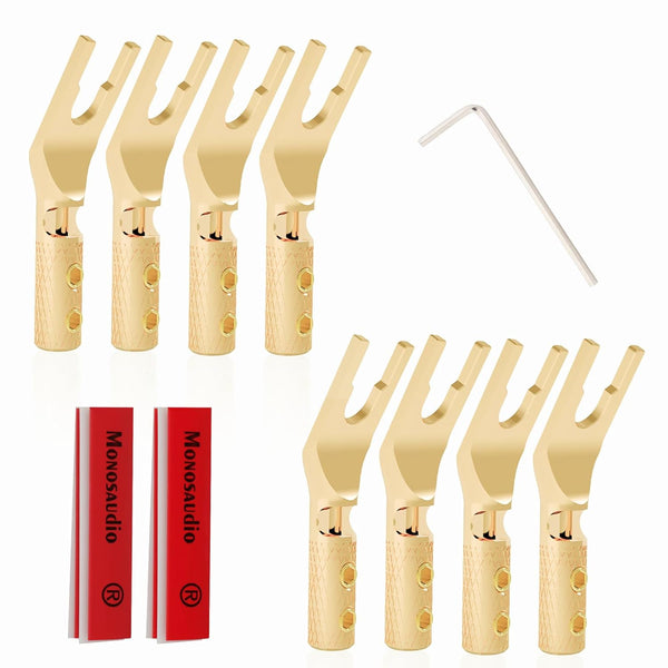 Monosaudio Speaker Spade Plug Connectors, 8pcs Pure Copper 45 Degree Screw Locking Y Spade Plug with Heat Shrink Tubes