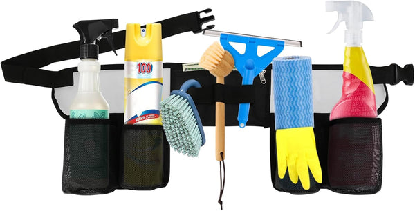 Tool Belt Cleaning Apron for Supplies, Tool Apron for Women and Men Housekeeping, 4 Bottle Carrier Bags, Black
