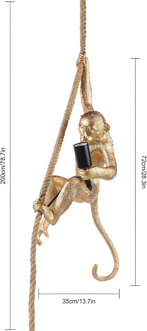 lxrnqcey E26 Vintage Monkey Pendant Light, Golden Monkey Hanging Lamp, Retro Resin Hemp Rope Chandelier, Hanging Light
