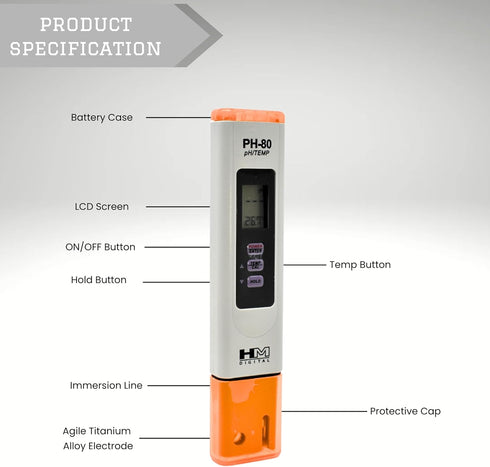 HM Digital HMPH80 Digital pH/Temperature Meter, 0-14 pH Range, Purple
