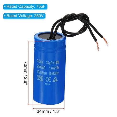 PATIKIL CD60 Run Capacitor, 75uF 250VAC 2 Wires 50/60Hz Motor Starting Capacitor for Air Compressor Motor Starts Running