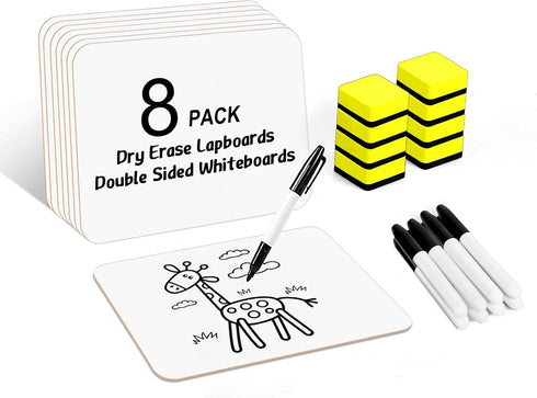 HERKKA 8 Pack Dry Erase Lapboards, Double Sided 9 x 12.5 Inch, 8 Markers, 8 Erasers for Classroom Supplies