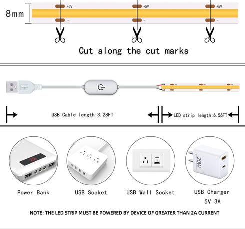 5V 6.56ft/2m 640 Dimmable 6000K 10W 5v Led Strip Lights USB LEDs Touch stepless USB COB LED Strip Light White Flexible