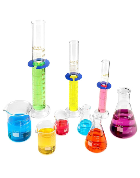 Set, Set, 9 3 3 3 3.3 QWORK Lab Glassware Beaker Flask Cylinder Pieces - Includes Erlenmeyer Flasks, Beakers, & Grade A
